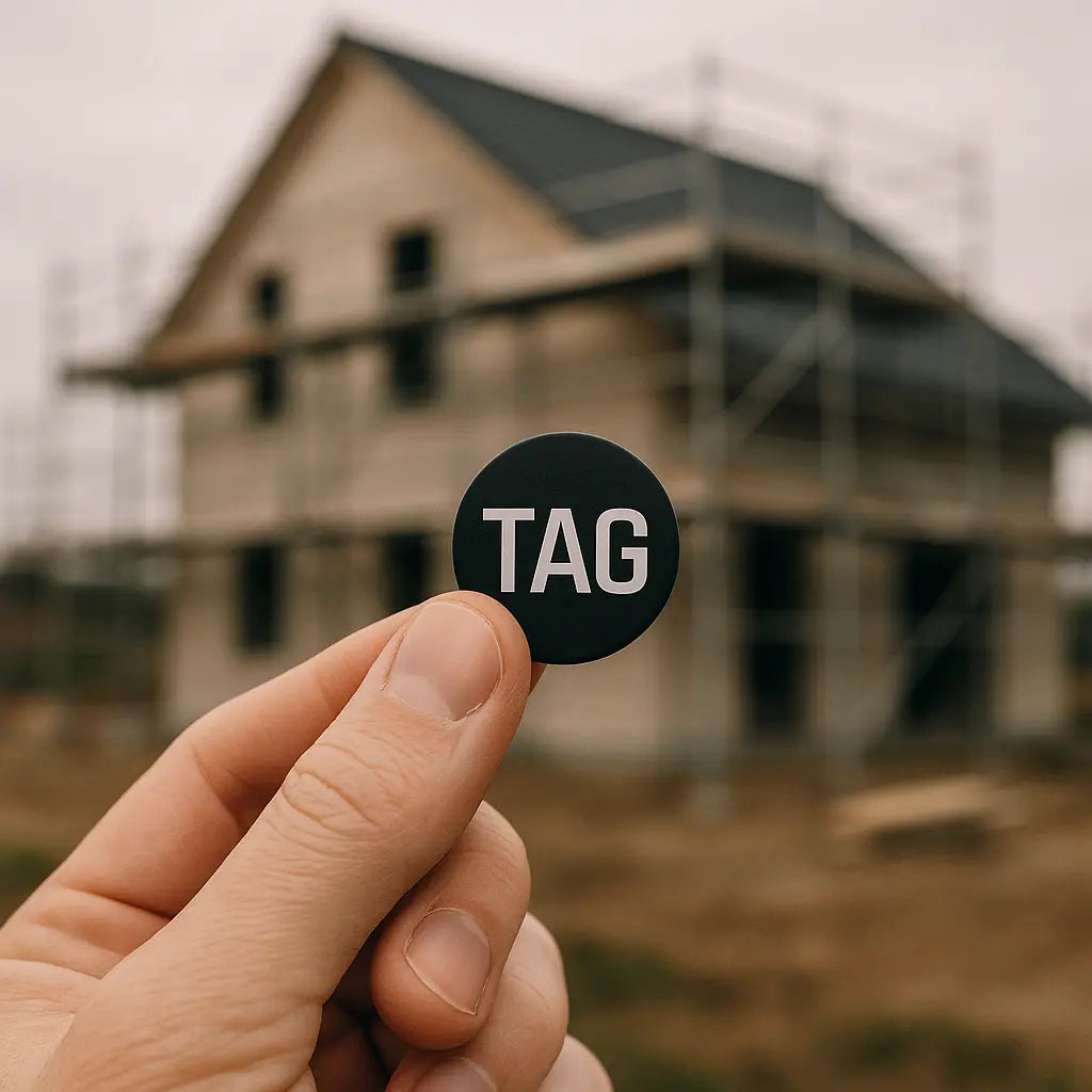 Im Hintergrund eine Baustelle eines Hauses, im Vordergrund eine Hand die den MemoryTag hochhält