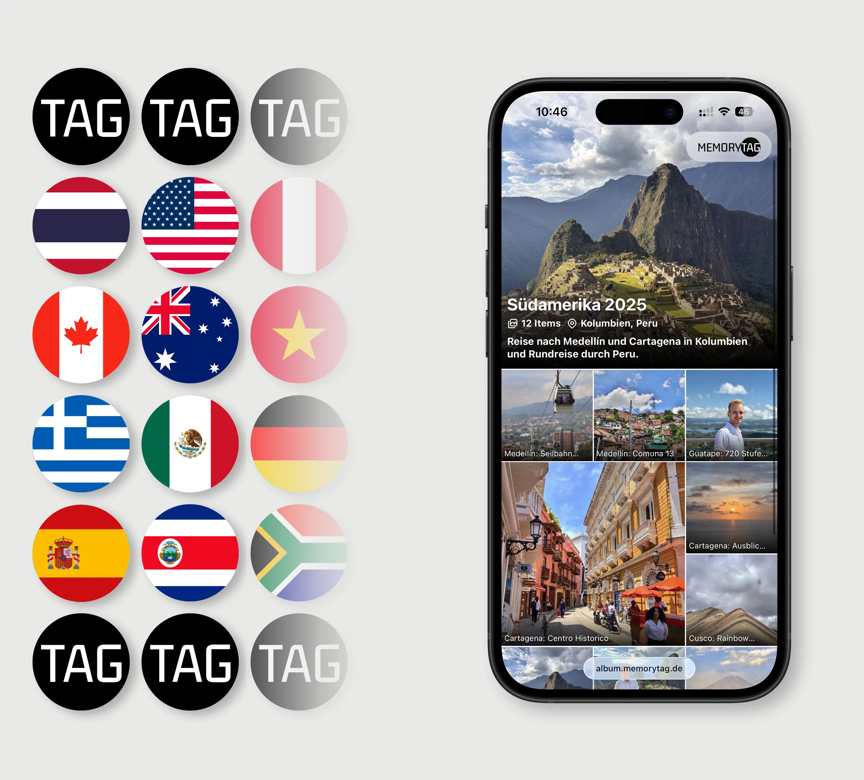 Verschiedene MemoryTags auf der linken Seite und iPhone mit MemoryTag Oberfläche auf der rechten Seite